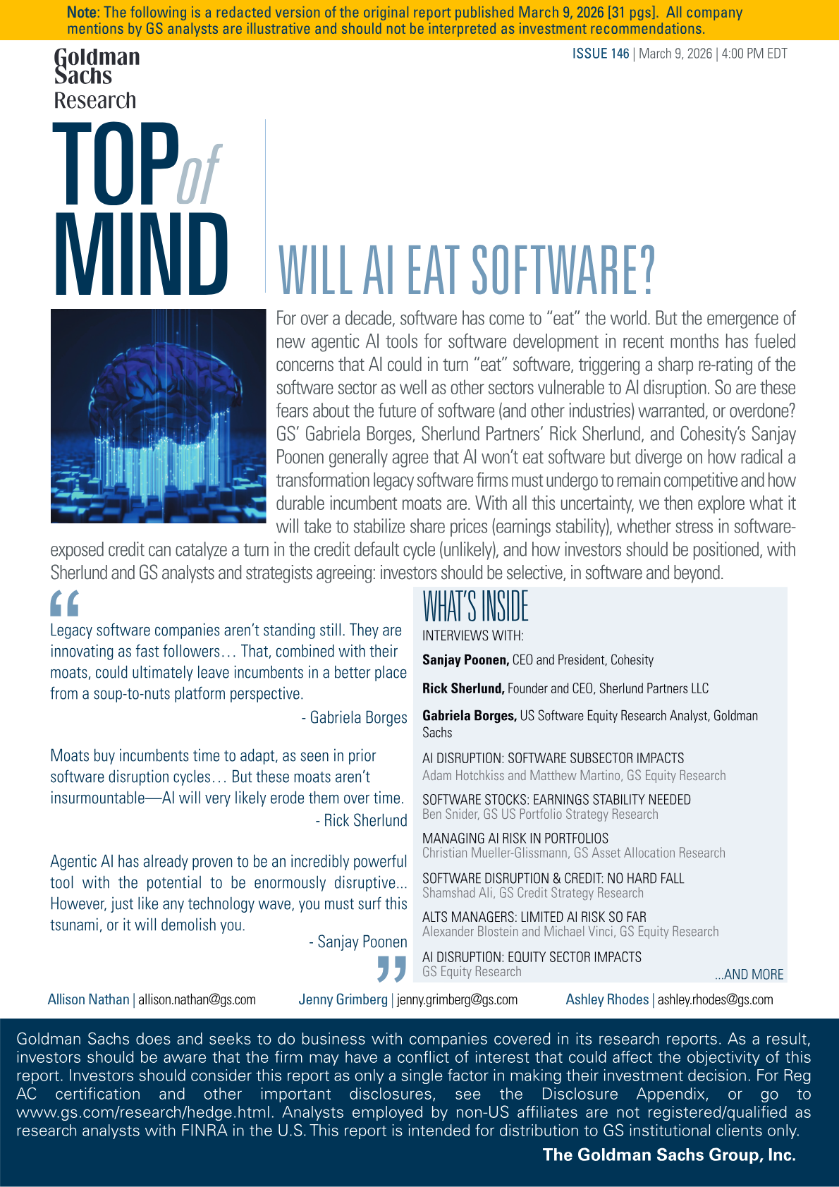 Page 1 — Goldman Sachs Research Newsletter (Mars 2026)